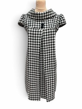 Papillon Blanc Black and White Houndstooth Midi Dress with Cowl Collar
